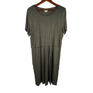 J Jill Dress Large Clover Green Rayon Blend Short Sleeve Button Back Midi Style